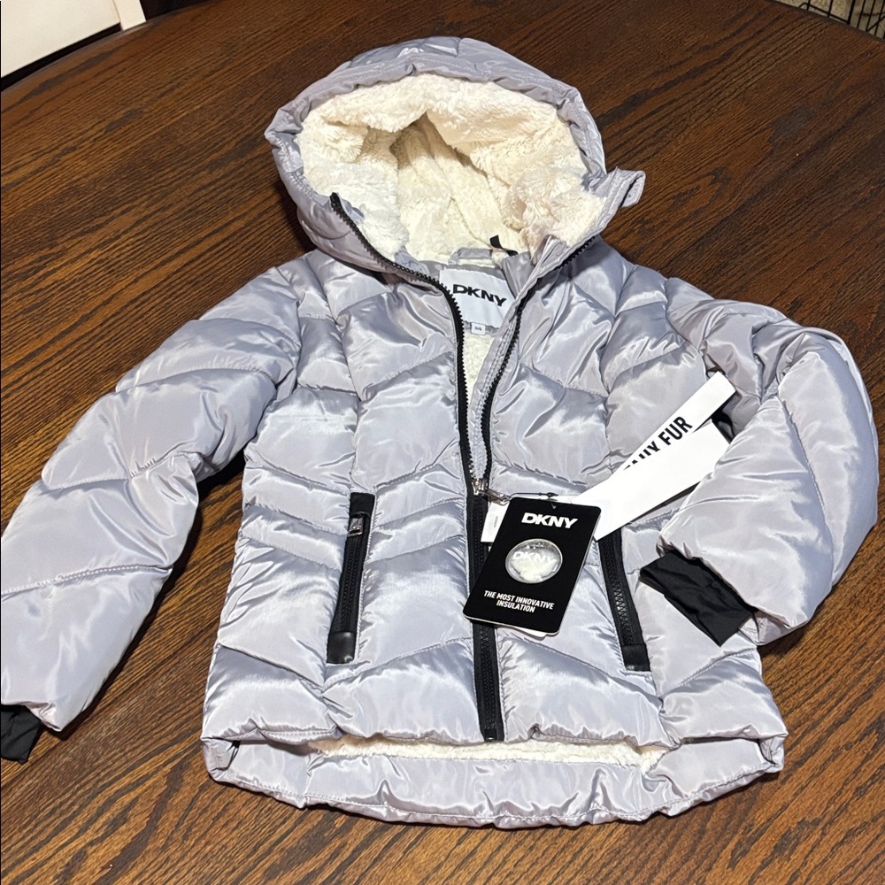 DKNY Kids Light Silver Hooded Puffer Jacket with Sherpa Lining
